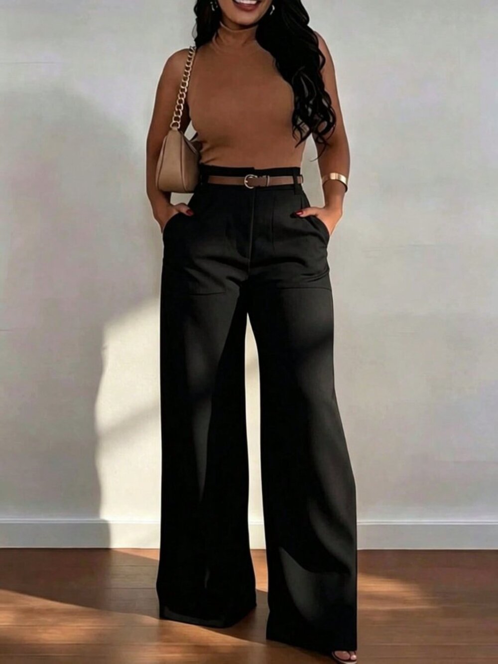 Black Elegant Women's High-Waist Straight Leg Pants With Pockets - Picture 3 of 4